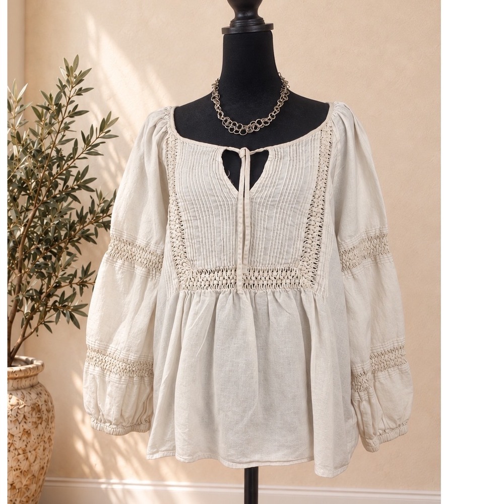 Madewell Linen Blend Crochet Pintuck Blouse Cream Boho Puff Sleeve Top Size S